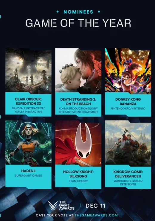 TGA 2025 年度游戏提名公布:《光与影:33 号远征队》以 12 项提名位列榜首